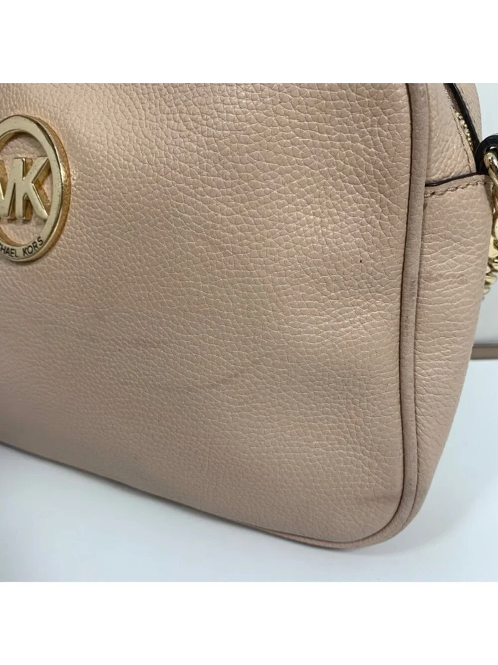 Michael Kors Fulton Blush Pink Pebbled Leather Crossbody Bag Gold Chain Strap